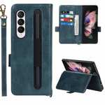 For Samsung Z Fold 3 Case With S Pen Holder Flip Leather Wallet Stand Cover Navy Blue