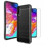 For Samsung Galaxy A70 Case Carbon Fibre Cover + Glass Screen Protector