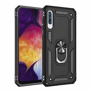 For Samsung Galaxy A50 Case Shockproof Hybrid Armor Ring Holder Stand Cover - Black