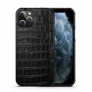 For iPhone 14 13 Pro Max Genuine Leather Case Crocodile Back Cover - Black