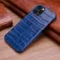 Crocodile Leather Case for iPhone 14 13 Pro Max Alligator Skin Cover - Navy Blue